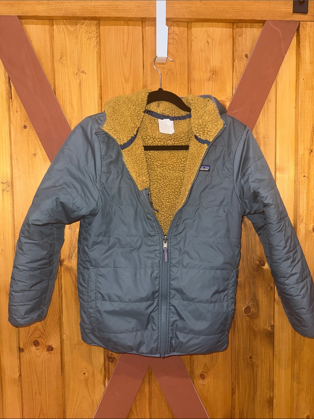 Patagonia Kids Quilted Puffer Jacket in Slate Blue with Mustard Lining